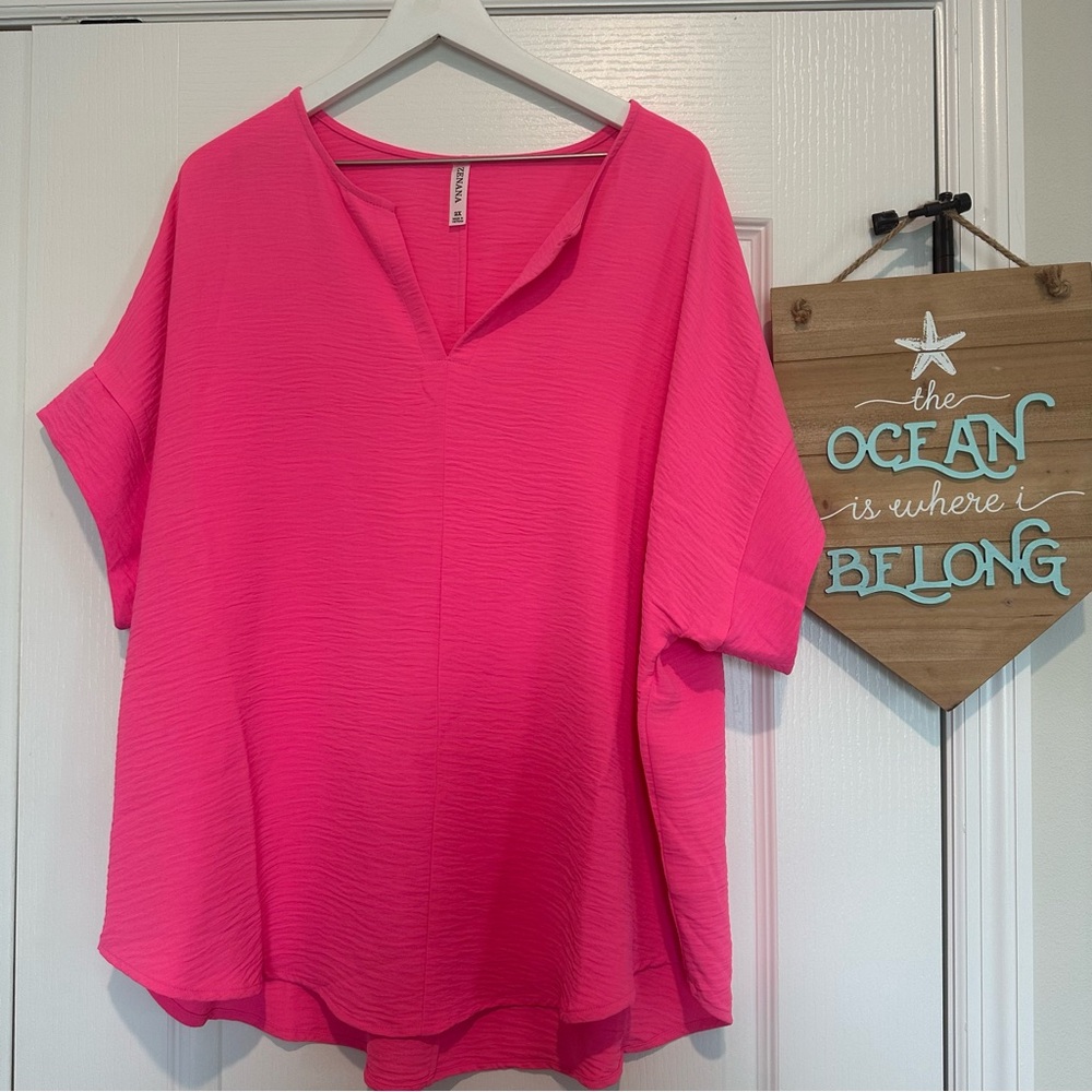 Zenana Hot Neon Pink Short Sleeve Top EUC Size 2X